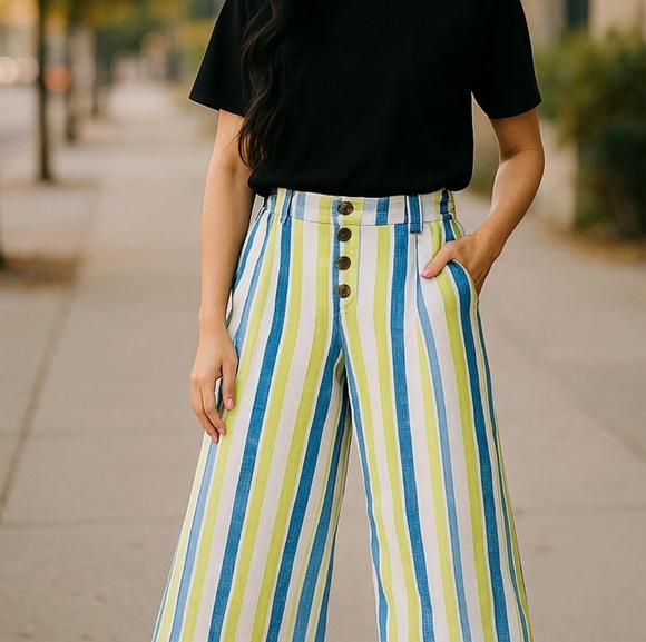 Ana A New Approach Linen Pants Size XS Green Blue Striped With Pockets - Picture 1 of 11